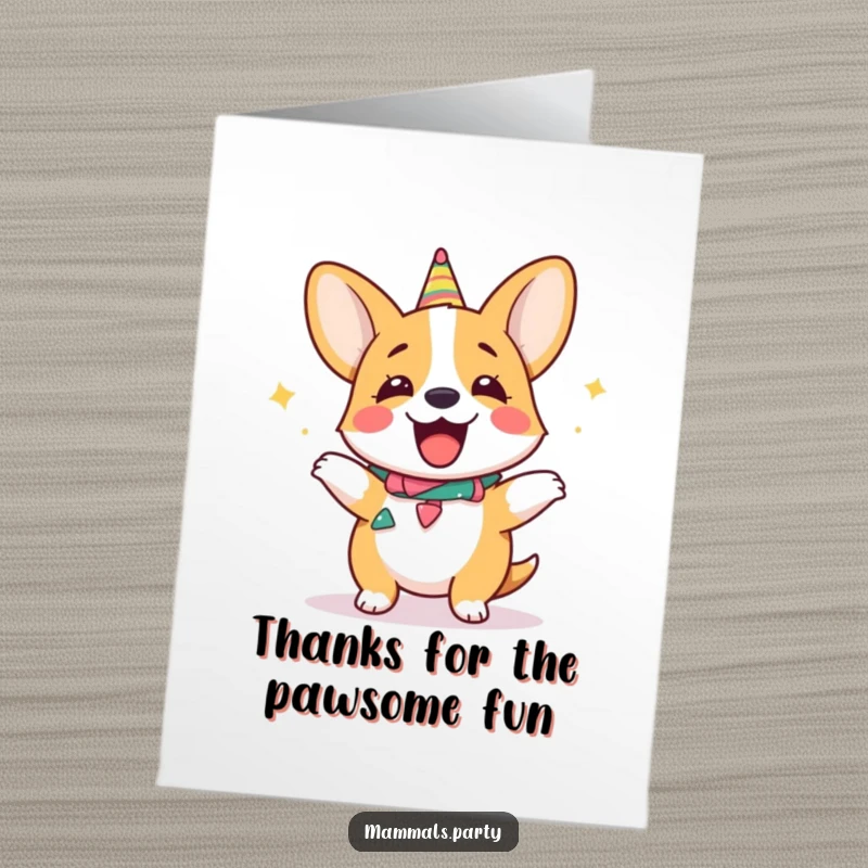 Funny Free Printable Thank You Card: Giggling corgi wearing a party collar doing a silly dance, expressing thanks joyfully, downloadable gift.