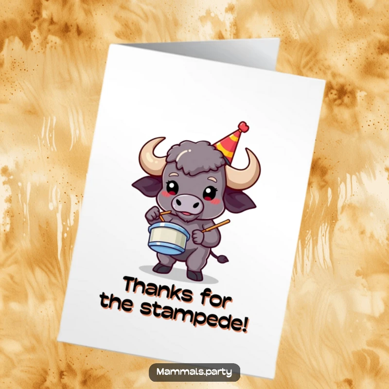 Funny Free Printable Thank You Card: A proud buffalo wearing a party hat, playing air drums to express thanks with downloadable rhythm.