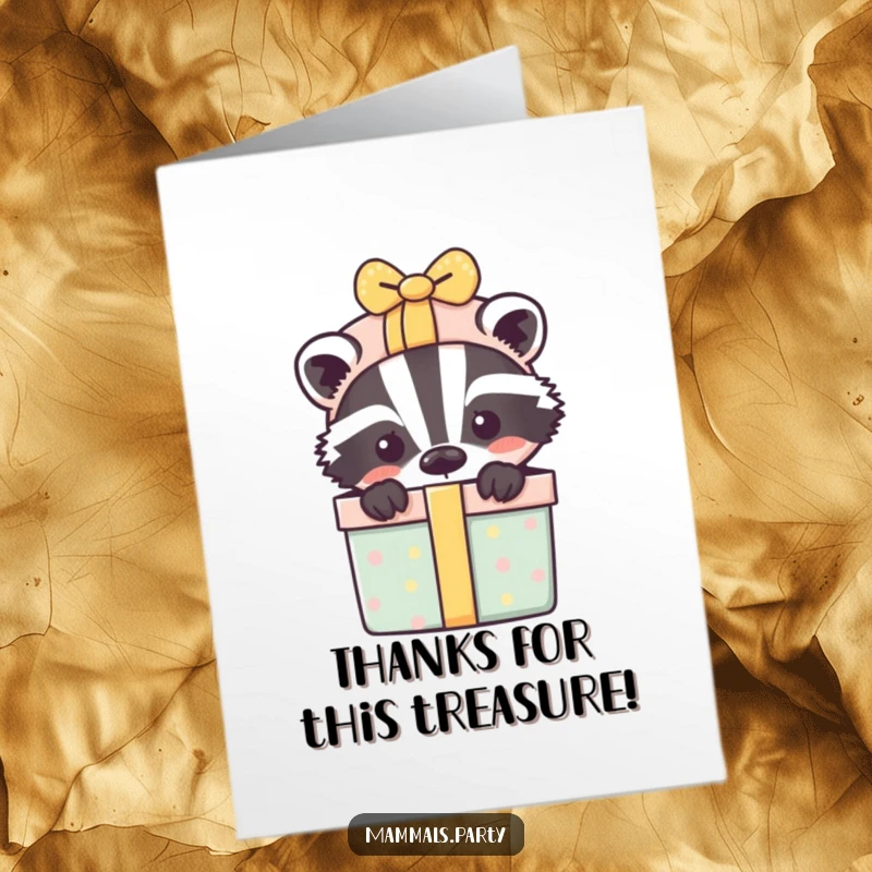 Funny Free Printable Thank You Card: Playful badger peeking from a huge gift box offers a warm, thankful surprise.