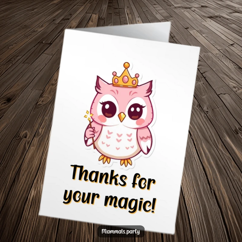 Funny Free Printable Thank You Card: a cute kawaii owl with a crown and wand, sending magical thanks.