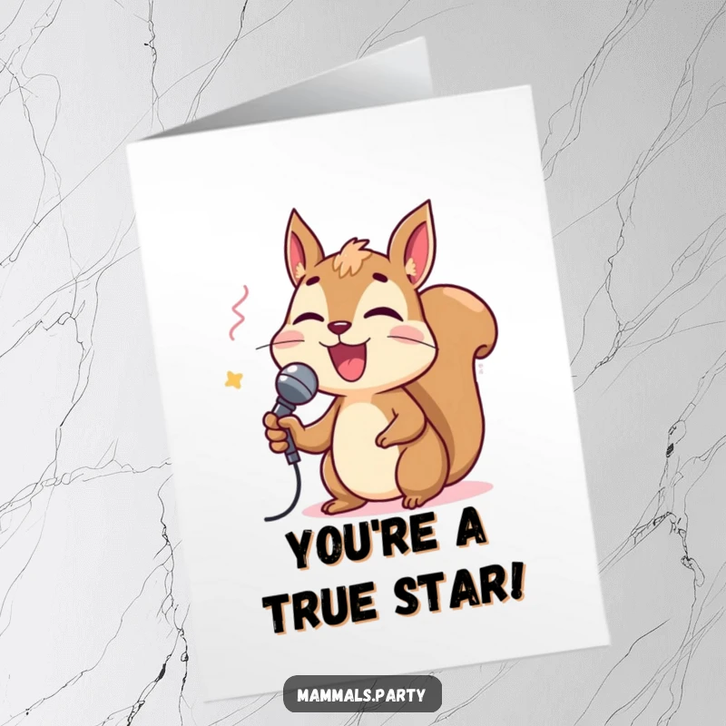 Funny Free Printable Thank You Card: A delighted squirrel enthusiastically sings karaoke with a tiny microphone, sending warm thanks.