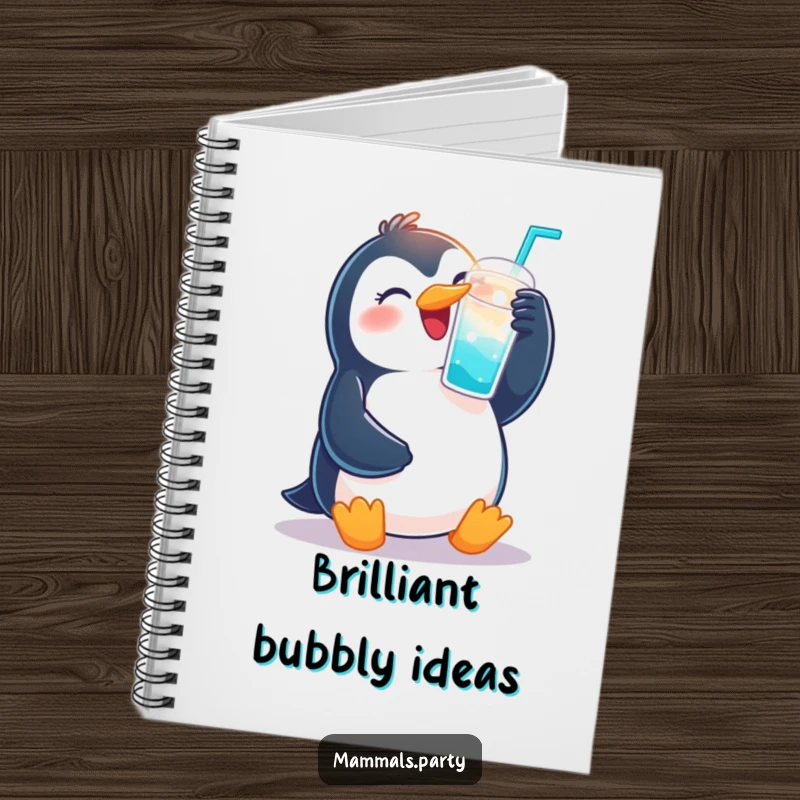 Funny notebook cover with a joyful penguin raising a fizzy drink cup, inspiring celebration and creativity.