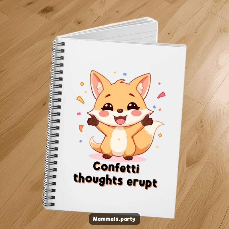 Funny Fox Notebook: Features a smiling fox enthusiastically juggling confetti, ideal for jotting down festive ideas and notes.