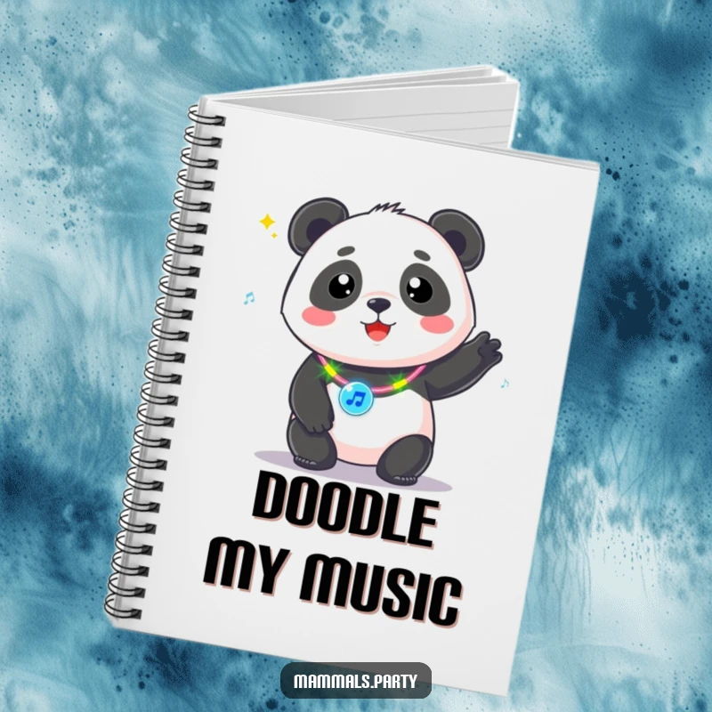 Funny Kawaii Panda wearing a flashing necklace, bopping to music, a notebook for jotting down song lyrics and musical ideas.