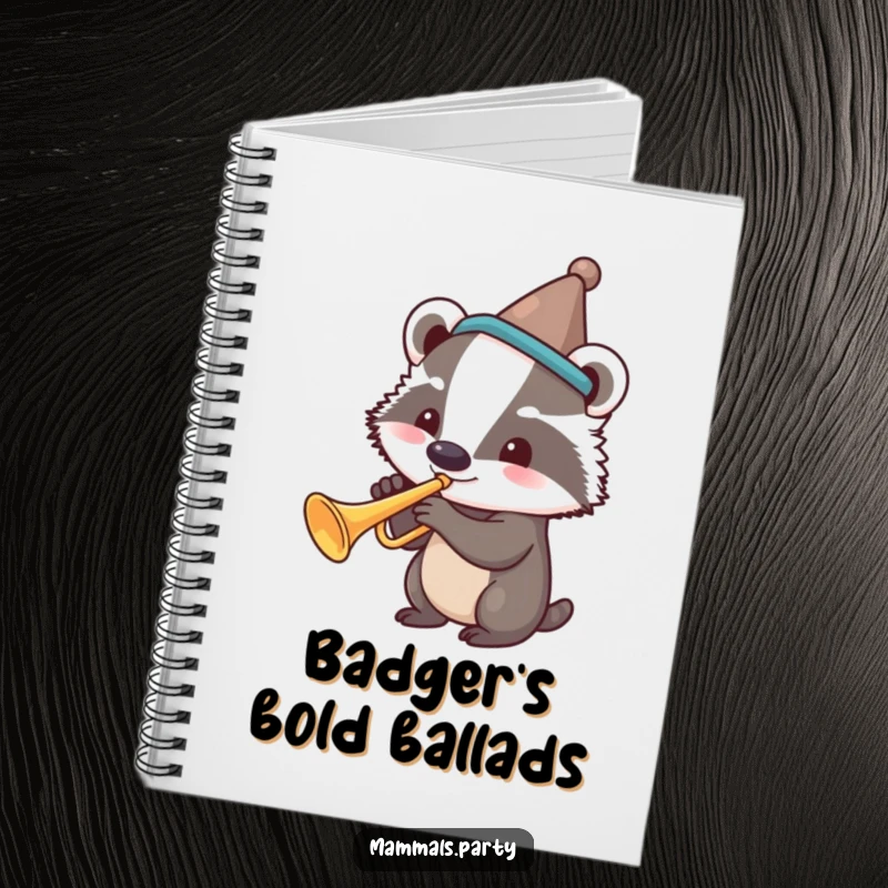Funny notebook cover with a smiling badger wearing a silly hat, playing a trumpet, inspiring musical thoughts.