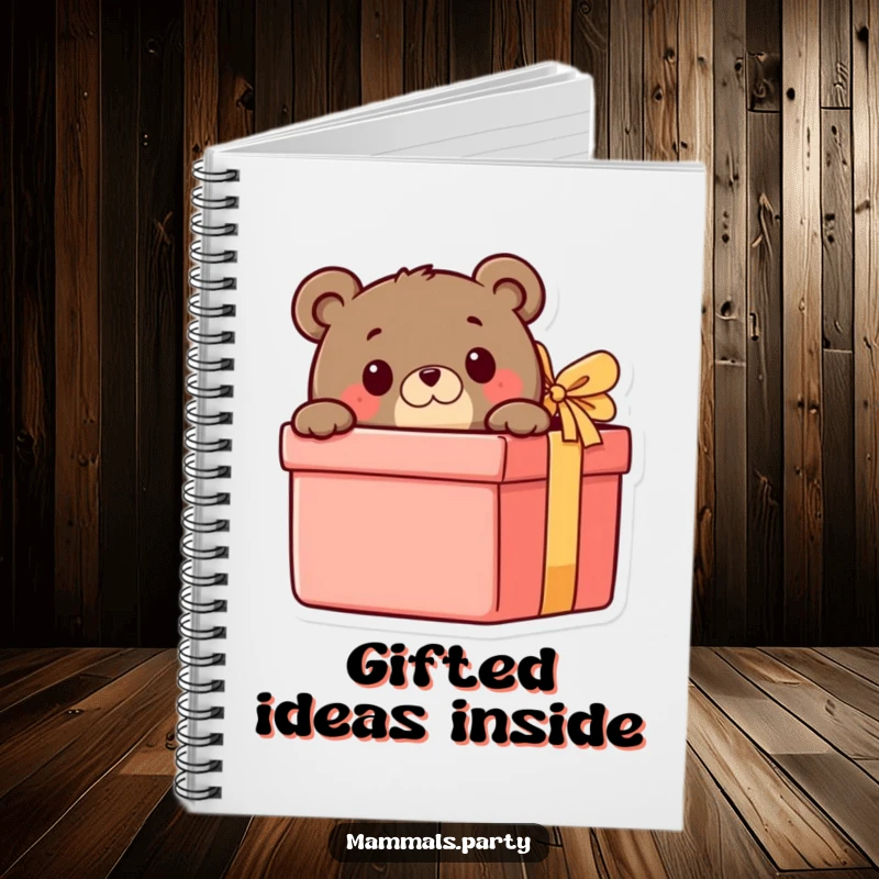 Funny Bear Notebook: Features a curious bear excitedly peeking from behind a gift box, ideal for jotting down curious thoughts and notes.