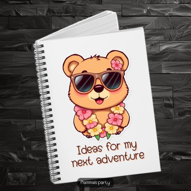 Funny notebook with a curious bear character wearing oversized sunglasses and a lei, designed for jotting down notes with a humorous touch.