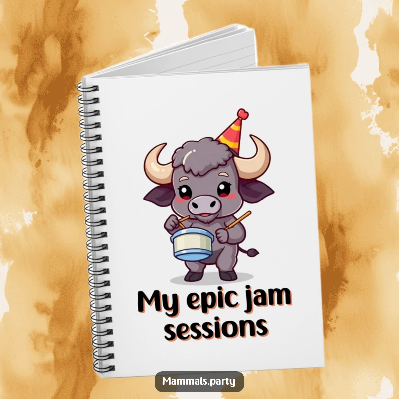 Funny buffalo character in a party hat playing air drums, on the cover of a humorously musical notebook.