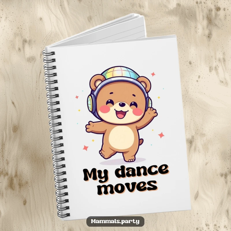 Happy bear wearing a disco ball helmet, dancing energetically, featured on a notebook cover for jotting down ideas.
