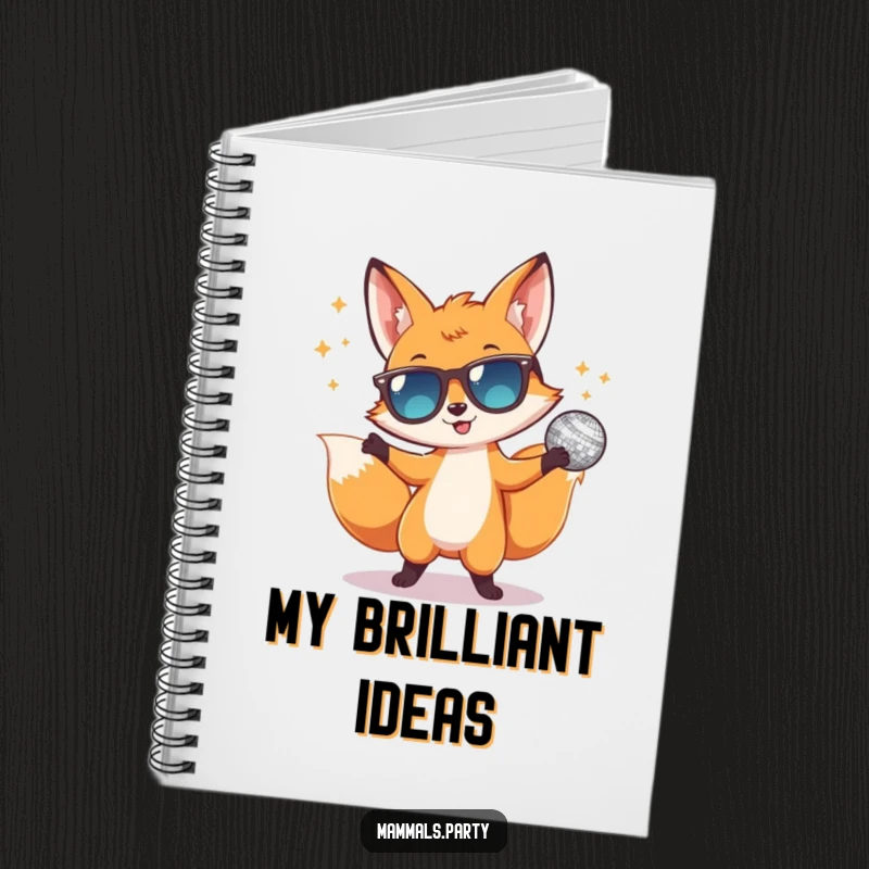 Funny notebook with a cover showing a happy fox in sunglasses dancing with a disco ball, perfect for jotting down creative ideas.