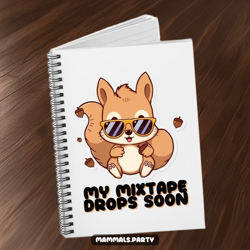Funny Kawaii Squirrel DJ Notebook featuring a squirrel in sunglasses, ready to spin some acorn beats. A humorous and useful gift.