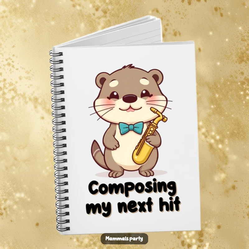Funny Otter Notebook featuring a dapper otter in a bowtie playing a tiny saxophone, ideal for writing.
