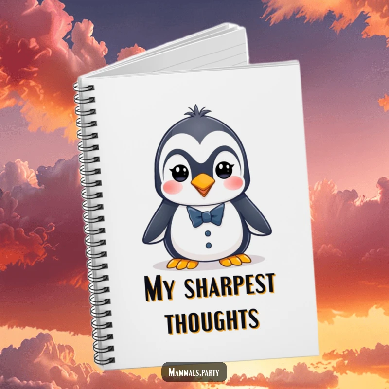 Funny penguin notebook with an energetic character wearing a tiny tuxedo, perfect for jotting down dapper and stylish notes.