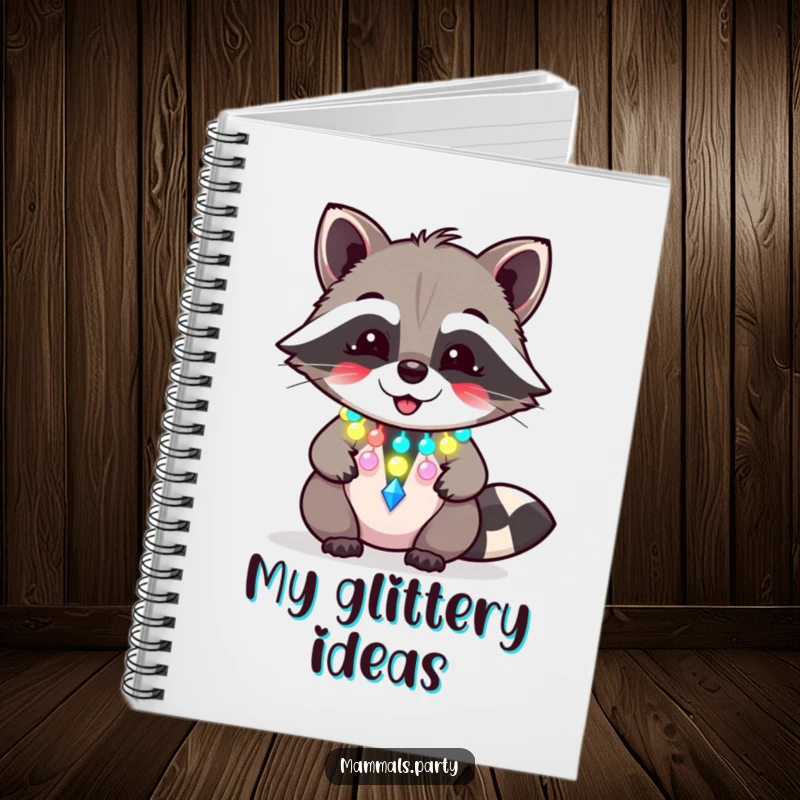 Funny raccoon notebook with a giggling character wearing a flashing party necklace, perfect for jotting down fun and festive notes.