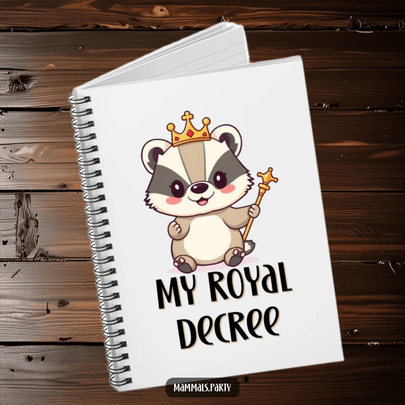 Funny notebook cover featuring a cute badger character wearing a small crown and holding a scepter, looking regal and ready to write.