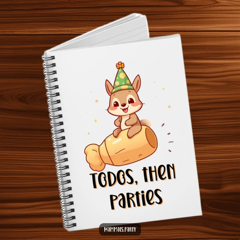 Funny gleeful squirrel notebook, wearing a festive hat and riding a champagne cork, ideal for jotting down party details.