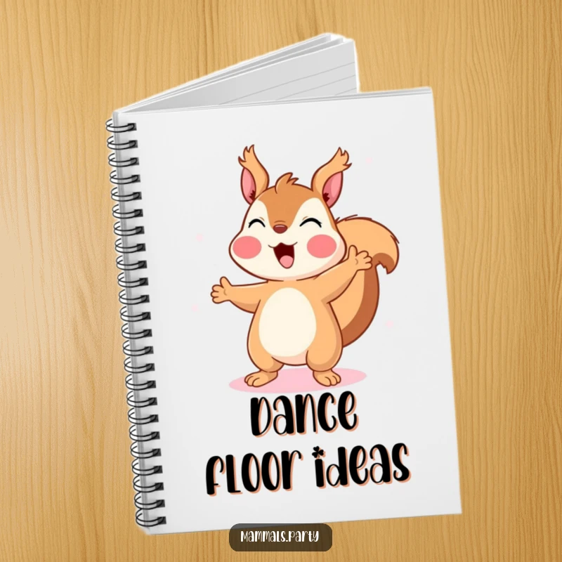 Funny Squirrel Notebook: Features a happy squirrel gleefully dancing under disco lights, ideal for jotting down dance ideas and notes.
