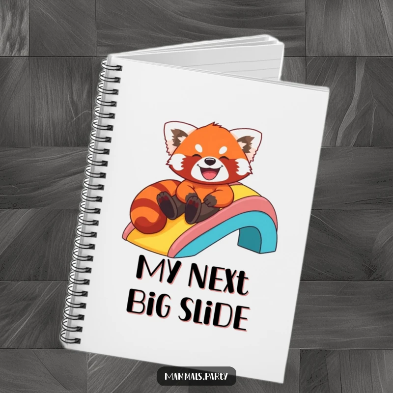 Funny notebook with a red panda joyfully sliding down a rainbow, ideal for notes, drawings, and funny ideas.