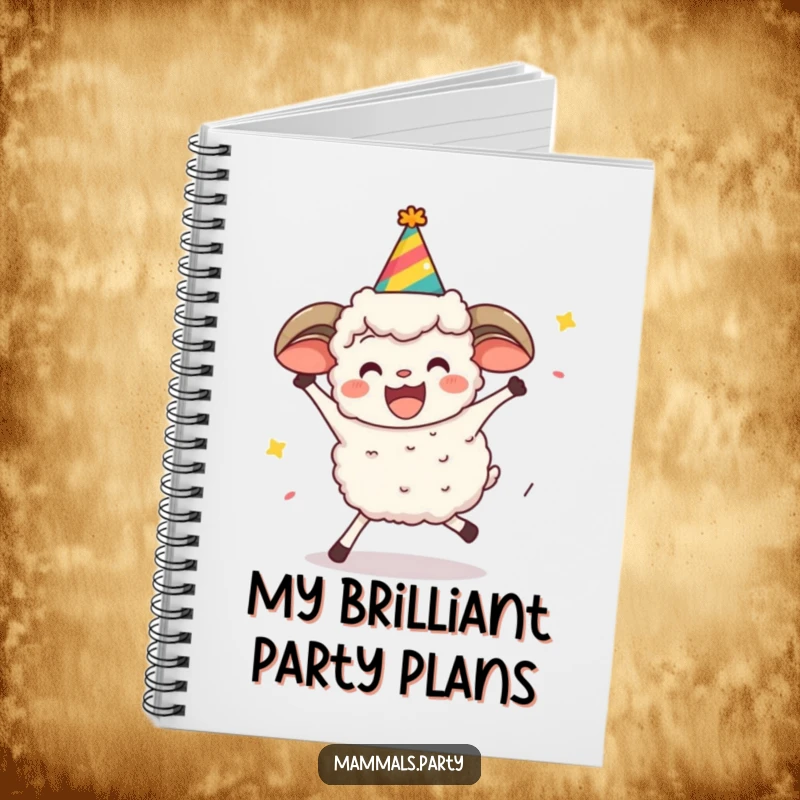 Funny sheep character wearing a party hat, doing the limbo, on the cover of a humorous notebook.