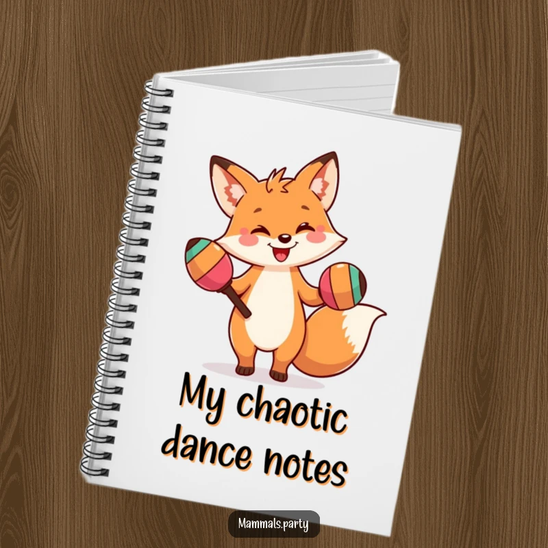 Funny notebook with a smiling fox character doing a silly dance with oversized maracas, inspiring creative and humorous entries.