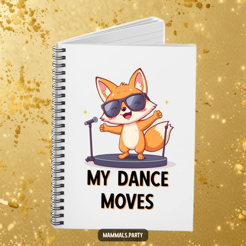 Funny fox in sunglasses dancing wildly on a small stage on the cover of a notebook, ideal for capturing creative thoughts.