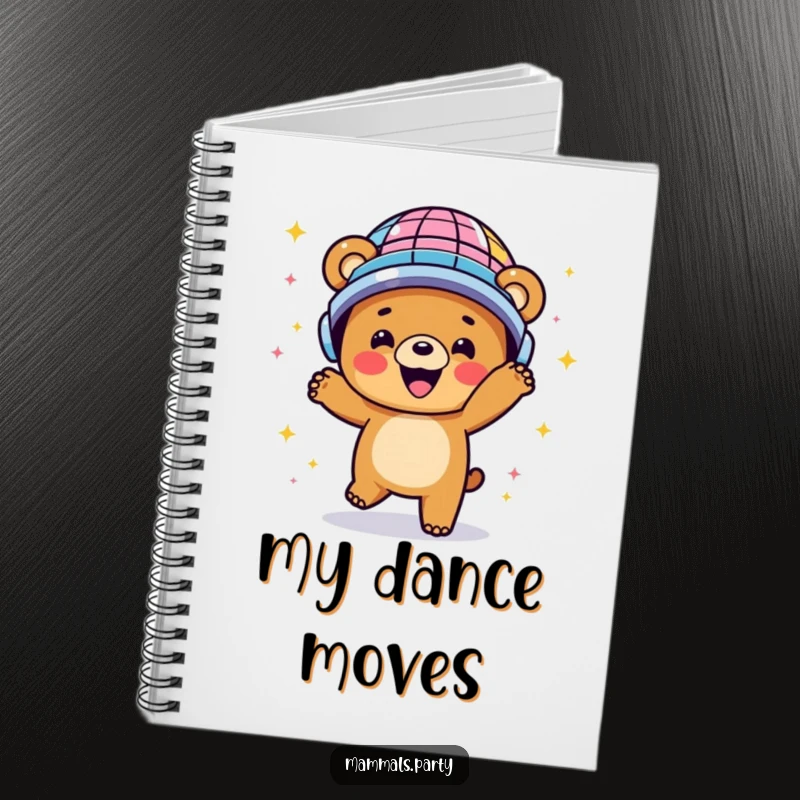 Funny notebook with a happy bear dancing in a disco ball helmet, great for notes and funny gift ideas.