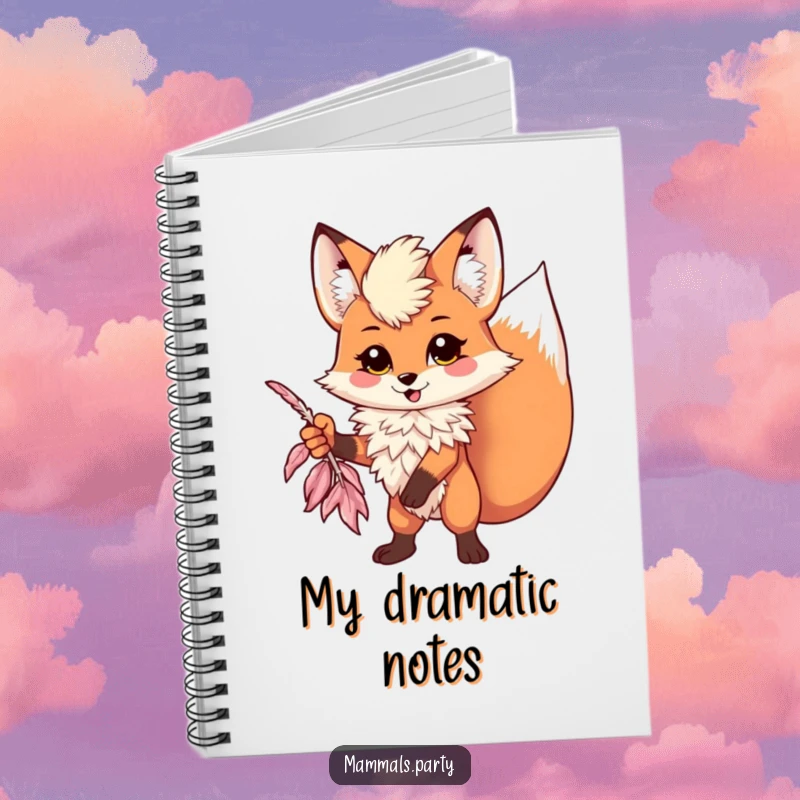 Funny kawaii fox wearing a feather boa striking a dramatic pose on a notebook cover, perfect for humorous note-taking.
