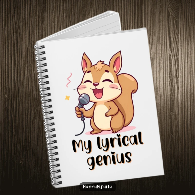Funny squirrel holding a tiny microphone and singing karaoke on the cover of a notebook, ideal for jotting down musical ideas.