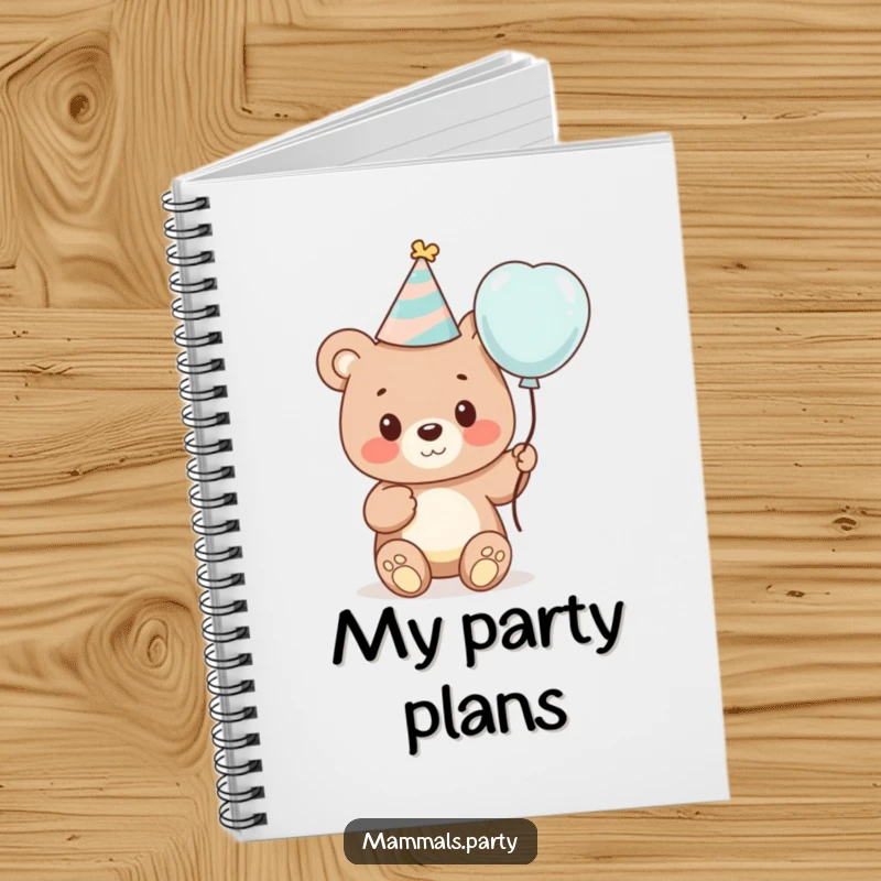 Funny notebook with a cute bear cub wearing a party hat and holding a balloon, ideal for jotting down celebration plans.