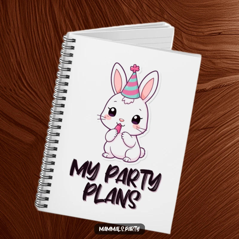 Funny kawaii bunny in a party hat, trying to blow a noisemaker, on a cute notebook.
