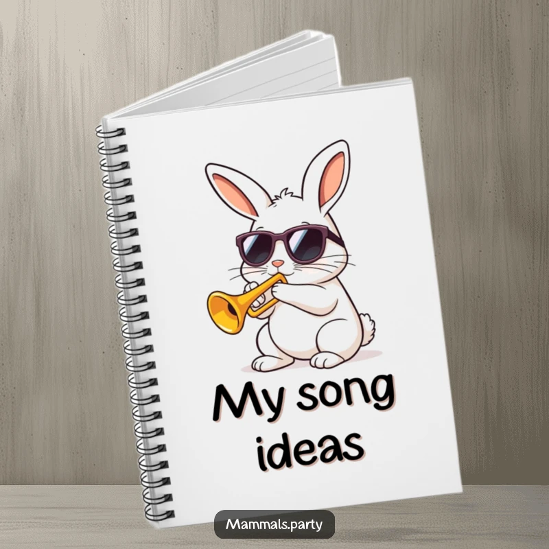 Funny kawaii rabbit wearing sunglasses playing a tiny trumpet with gusto on a notebook cover, perfect for humorous note-taking.