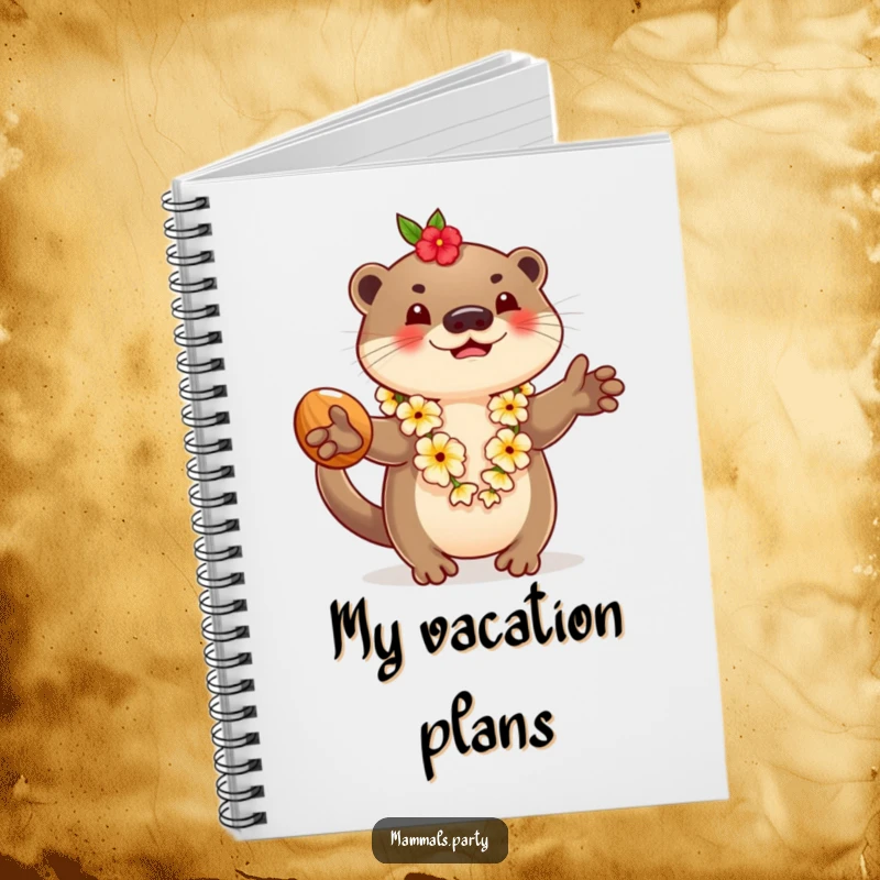 Funny notebook with a cover showing a playful otter wearing a lei and juggling coconuts, ideal for jotting down vacation plans or ideas.
