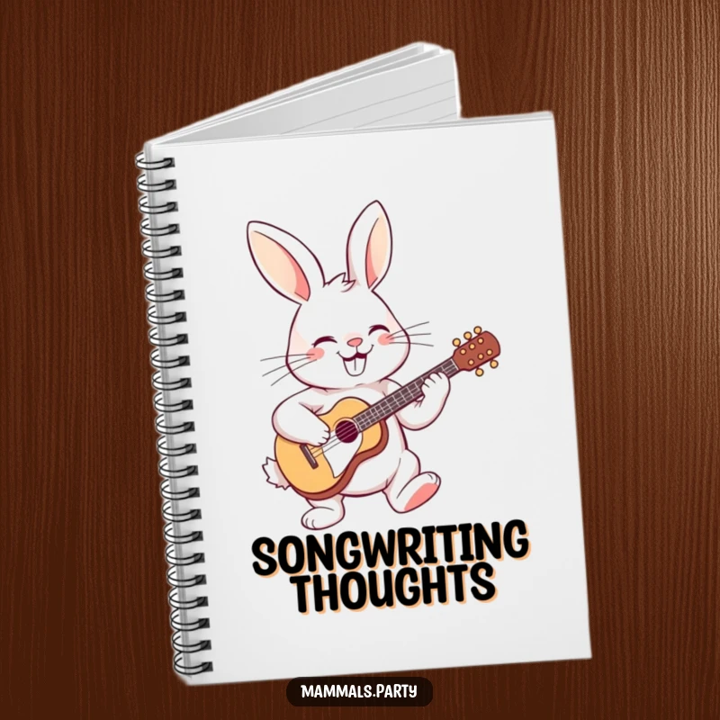 Funny notebook with a cover showing a grinning rabbit playing a miniature guitar, ideal for jotting down song ideas or daily notes.