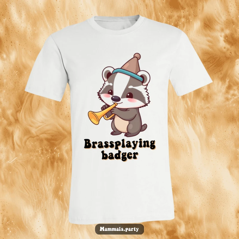 Funny t-shirt featuring a grinning badger wearing a funny hat, playing a trumpet with gusto and joy.