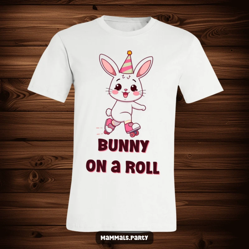 Funny Bunny T-Shirt: A cheerful bunny sporting a party hat speeds along on roller skates, embodying a carefree and celebratory mood.