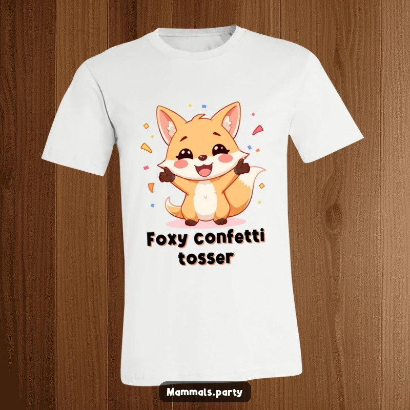 Funny Fox T-Shirt: A grinning fox expertly juggles a shower of bright confetti, capturing a moment of pure, uninhibited celebration.
