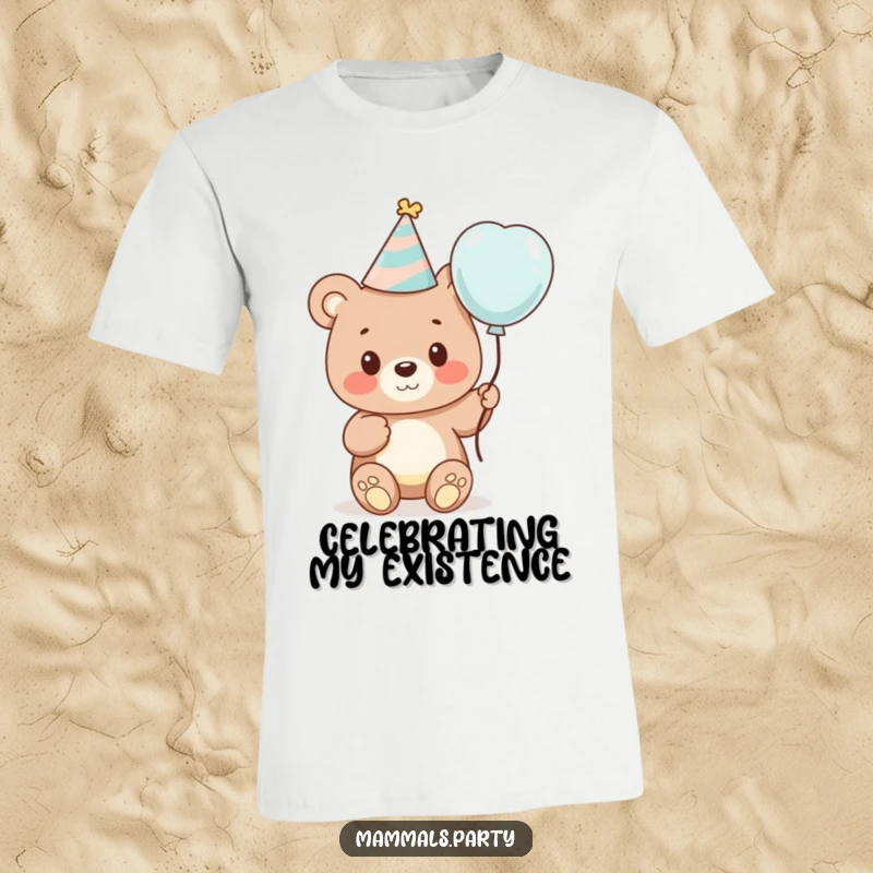Funny t-shirt depicting a cute bear cub in a party hat, holding a balloon, radiating pure birthday joy and excitement.
