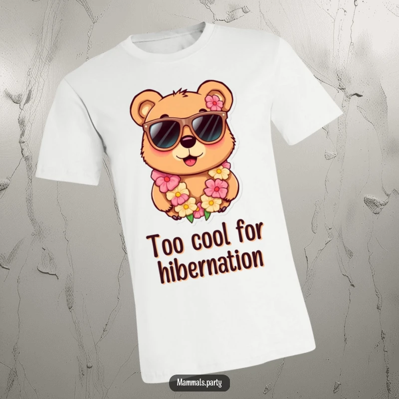 Funny t-shirt with a curious bear character sporting oversized sunglasses and a vibrant lei, exuding a cool, relaxed, and adventurous vibe.