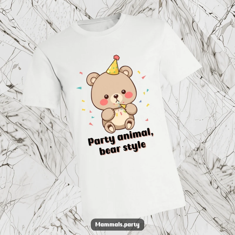 Funny bear t-shirt featuring a cute character in a party hat, blowing a confetti popper, radiating festive fun.