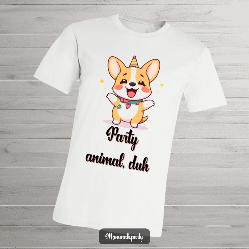 Funny giggling corgi t-shirt, wearing a party collar and doing a silly dance, radiating pure happiness.