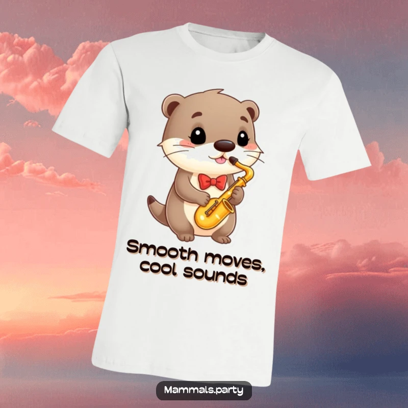 Funny T-Shirt showcasing a debonair otter in a bowtie masterfully playing a miniature saxophone with flair and musicality.