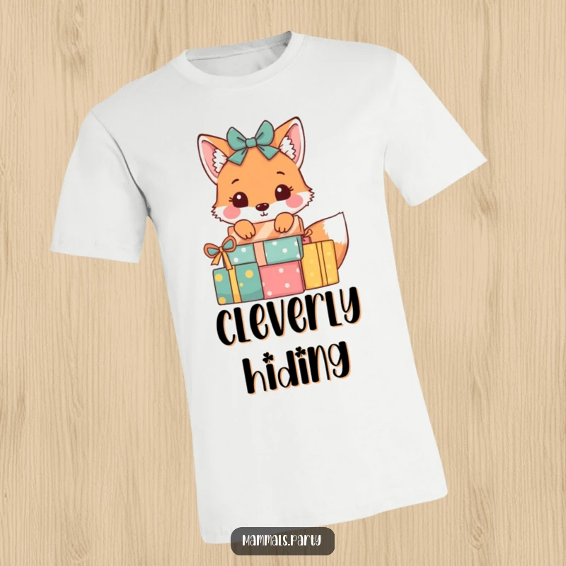 Funny Fox T-Shirt: A playful fox peeks out from behind a pile of wrapped gifts, exuding curiosity and fun.