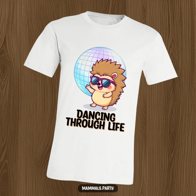 Funny Hedgehog T-Shirt: A cool hedgehog with sunglasses attempts to dance with a giant disco ball, exuding fun and style.