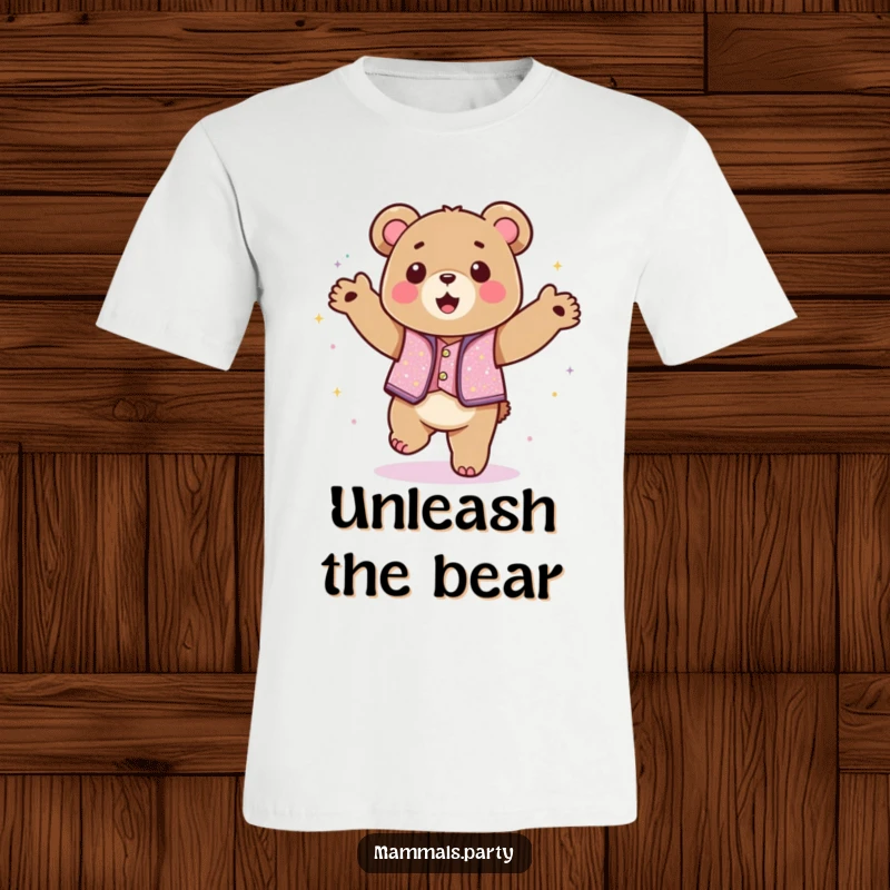 Funny kawaii bear wearing a sparkly vest dancing energetically on a t-shirt, showcasing uninhibited joy and humor.