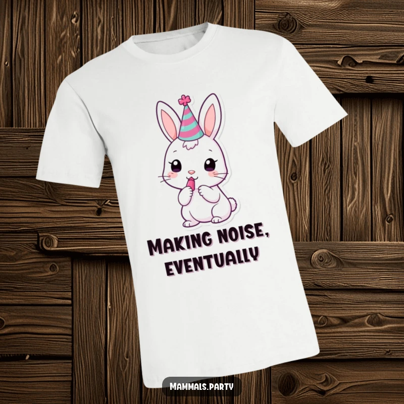 Funny kawaii bunny in a small party hat, trying its best to blow a noisemaker, a cute and funny tee.