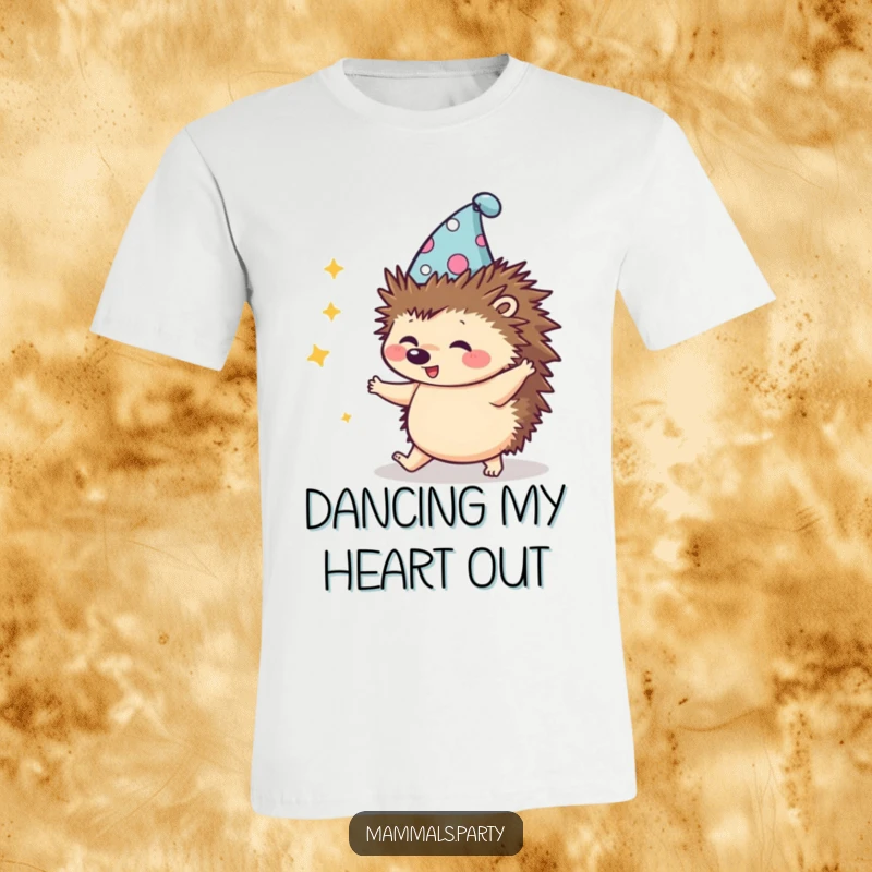 Funny Kawaii Hedgehog wearing a silly hat, doing a clumsy dance, a t-shirt that celebrates awkward fun and movement.