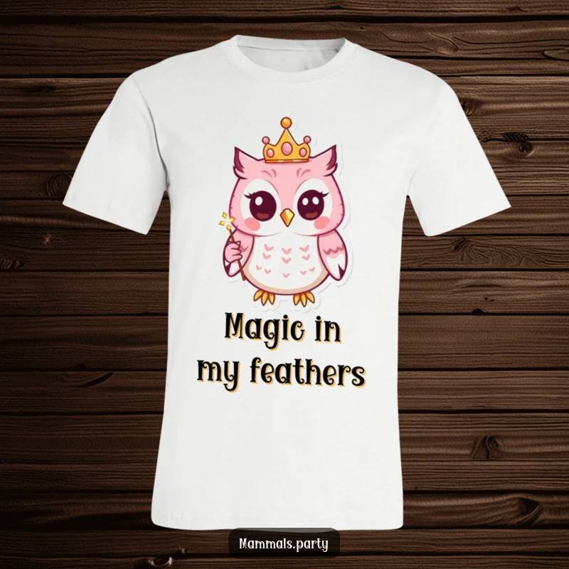 Funny T-shirt featuring a kawaii owl adorned with a tiny crown, holding a sparkling wand, radiating magical cuteness.