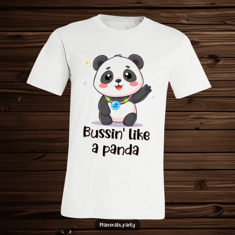 Funny Kawaii Panda wearing a flashing necklace, grooving to music, a fun and energetic t-shirt design for party people.