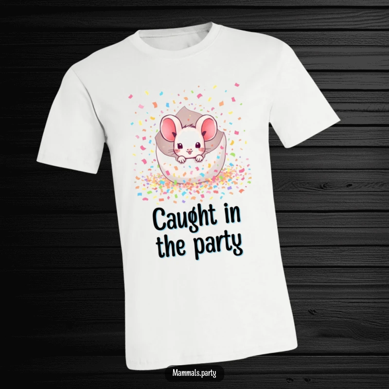 Funny Mouse T-Shirt: A kawaii mouse peeks out from a massive burst of colorful confetti, embodying playful surprise.