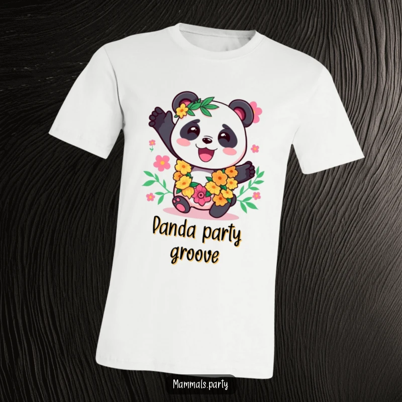Funny Panda T-Shirt: A kawaii panda wearing a festive lei, happily dancing to music, radiating pure joy and relaxation.